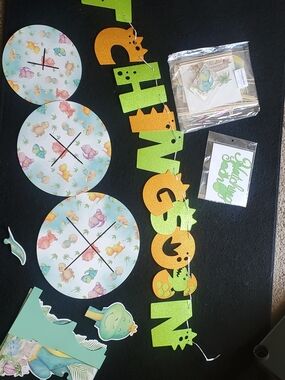 Baby Dino Theme Baby Shower Banner & Decorations- Green & Orange
